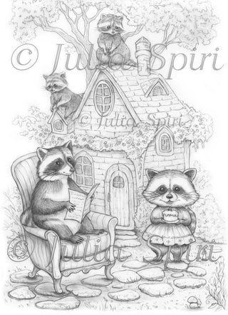 Grayscale Coloring Page, Fun Animals. Raccoon Family