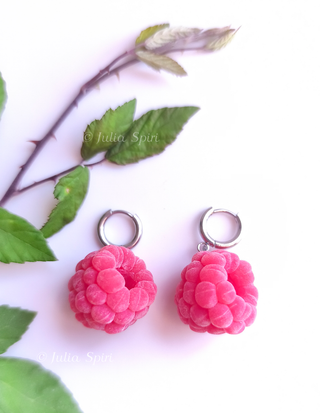 Handmade polymer clay raspberry earrings with velvety texture and stainless steel hoops by Julia Spiri