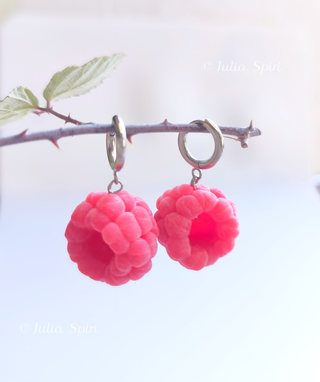 Handmade polymer clay raspberry earrings with velvety texture and stainless steel hoops by Julia Spiri