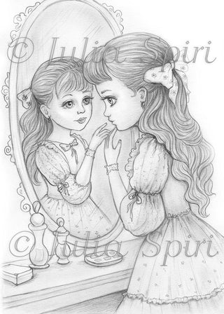 Grayscale Coloring Page, Cute Girl looking in the mirror. Reflection
