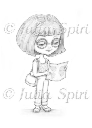 Página para colorear de viaje, Sello digital, Digi, Chica, Viajero, Aventura, Viaje, Tour, Gafas, Fantasía, Elaboración, Fantasía. Salida