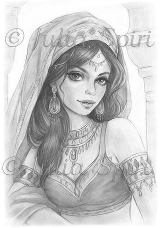 Grayscale Coloring Page, Fairy Tale One Thousand and One Nights. Scheherazade’s Spellbinding Gaze
