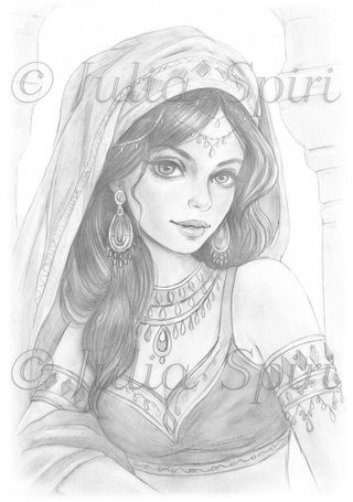 Grayscale Coloring Page, Fairy Tale One Thousand and One Nights. Scheherazade’s Spellbinding Gaze