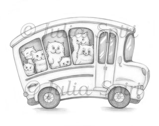 School bus - Printable grayscale coloring page for adults by Julia Spiri, instant download