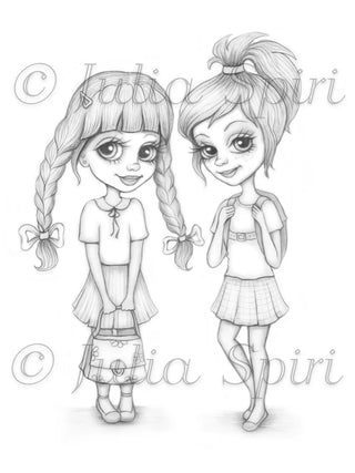 School friends - Printable grayscale coloring page for adults by Julia Spiri, instant download