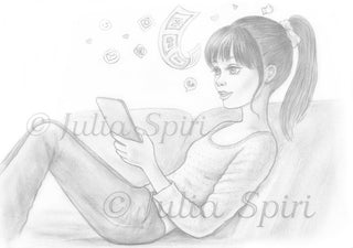 Page de coloriage en niveaux de gris, fille regardant au téléphone. Défilement sur le téléphone