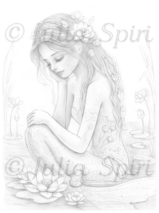 Grayscale coloring page of a mermaid sitting in a lake with lotus flowers and a small frog, titled Serenity in the Shallows, light version