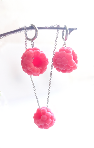 Handmade polymer clay raspberry earrings and necklace set hanging from a branch, pink velvety pendants with silver chain, by Julia Spiri