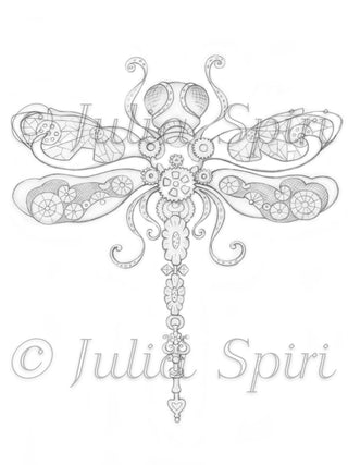 Steampunk Coloring Page, Digital stamp, Black & White Digi, Gears, Mechanic, Metal, Iron gear, Crafting, Fantasy Whimsy. Steampunk Dragonfly - The Art of Julia Spiri