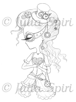 Coloring page, Fantasy Girl. Steampunk Heart