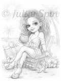 Grayscale coloring page Summer Escape by Julia Spiri – girl on beach chair with palm trees and coconut drink
