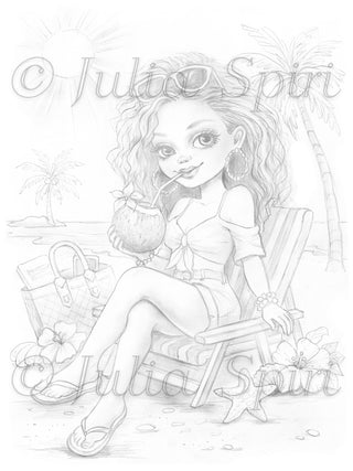 Light grayscale coloring page Summer Escape by Julia Spiri – tropical beach scene with wavy hair girl and palm trees