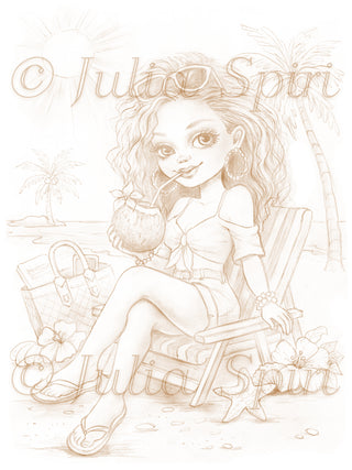 Sepia tone coloring page Summer Escape by Julia Spiri – whimsical beach girl with hibiscus flowers and starfish