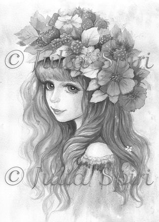 Grayscale Coloring Page, Fantasy Girl Portrait with Strawberry and Raspberry. Summer Vibes