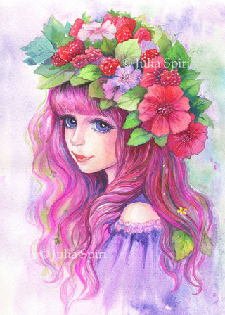 Grayscale Coloring Page, Fantasy Girl Portrait with Strawberry and Raspberry. Summer Vibes