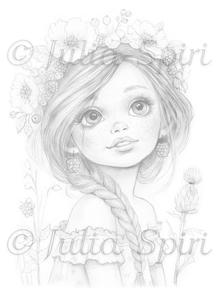 Grayscale light coloring page Summer and Berry Sweet – whimsical fantasy girl with braided hair and berries by Julia Spiri