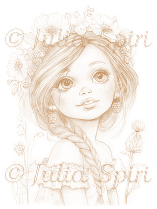 Sepia tone coloring page Summer and Berry Sweet – vintage fantasy girl with flower crown and blackberries by Julia Spiri