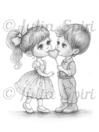 Whimsical Little Boy and Girl in Love - Grayscale Coloring Page: Sweet Love in Little Steps
