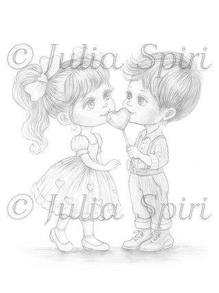 Whimsical Little Boy and Girl in Love - Grayscale Coloring Page: Sweet Love in Little Steps