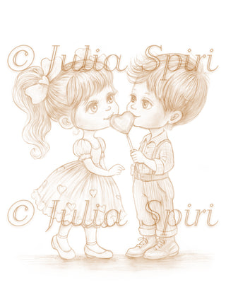 Whimsical Little Boy and Girl in Love - Grayscale Coloring Page: Sweet Love in Little Steps