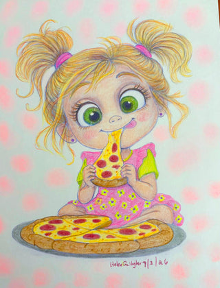 Sweet Girl Eating Pizza Slice. Pizza Time! colored
