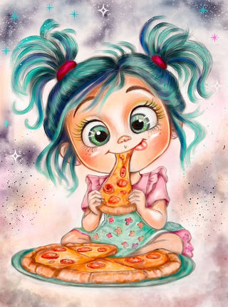 Sweet girl eating pizza slice – whimsical coloring page by Julia Spiri, colored