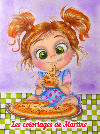 Sweet girl eating pizza slice – whimsical grayscale coloring page by Julia Spiri, colored
