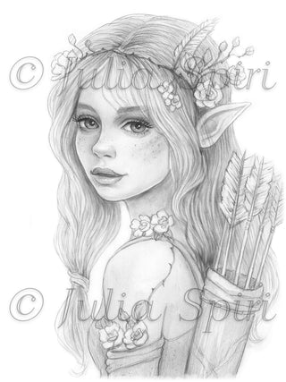 Forest Elf Sylvan Archer grayscale dark coloring page for adults by Julia Spiri - Fantasy nature printable PDF download