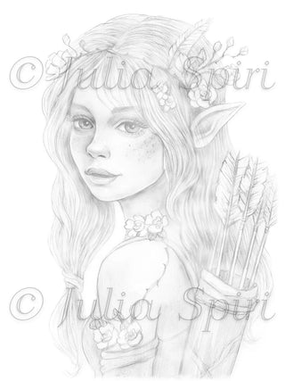 Forest Elf Sylvan Archer grayscale light coloring page for adults by Julia Spiri - Soft shading fantasy printable