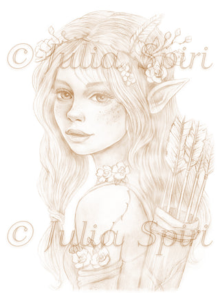 Forest Elf Sylvan Archer sepia tone coloring page for adults by Julia Spiri - Vintage style fantasy printable