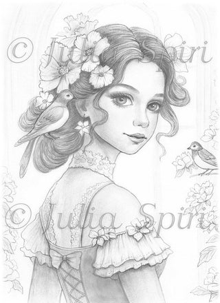 The Birdsong Muse - Grayscale light version, ideal for delicate blending, printable art