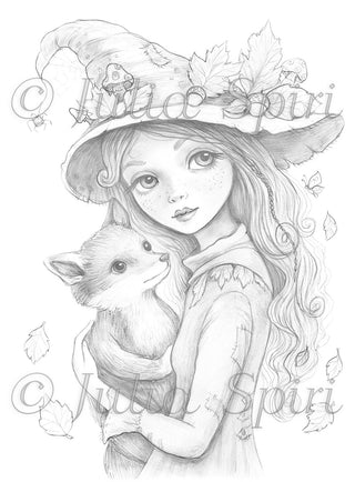 Grayscale Coloring Page. Whimsical Girl with Fox in Autumn Forest. The Fey and the Fox
