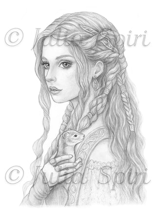 Grayscale Coloring Page: Medieval Women Portrait. The Lady and the Ermine - grayscale dark coloring page for adults by Julia Spiri