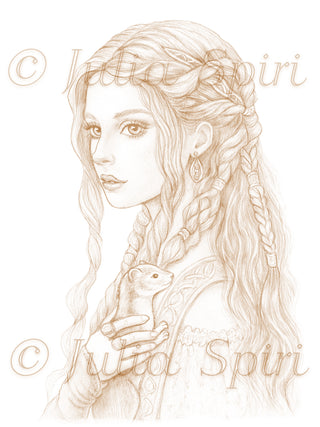 Grayscale Coloring Page: Medieval Women Portrait. The Lady and the Ermine - grayscale light coloring page for adults by Julia Spiri