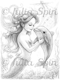 The Mermaid’s Dolphin - Printable grayscale coloring page for adults by Julia Spiri, instant download