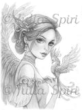 The Phoenix Keeper Fairy - Printable grayscale coloring page for adults by Julia Spiri, instant download