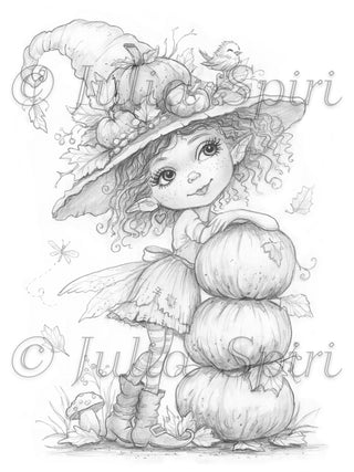 The Pumpkin Fairy grayscale coloring page by Julia Spiri – cute autumn fairy with an oversized hat stacked with pumpkins, a little bird, mushroom and falling leaves, printable PDF for adults