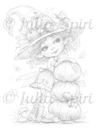 The Pumpkin Fairy light grayscale coloring page by Julia Spiri – soft version of the whimsical autumn fairy with pumpkins, bird and mushroom, ideal for colored pencils