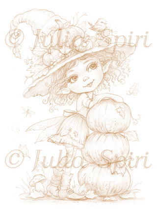 The Pumpkin Fairy sepia coloring page by Julia Spiri – vintage-tone autumn fairy with pumpkin hat, striped boots and fall leaves, printable fantasy line art