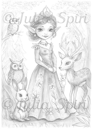 Grayscale Coloring Page, Elf with Forest Animals. The Queen Elf and Her Woodland Family