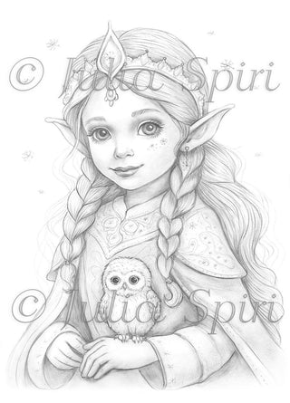 Grayscale Coloring Page, Whimsy Elf Girl. The Winter Elf and Her Baby Owl