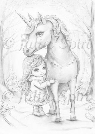 The Winter Unicorn and Little Whimsy - Grayscale light version, ideal for delicate blending, printable art