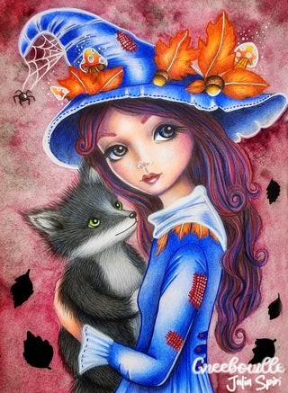The Fey and the Fox - Grayscale coloring page version 4, printable adult coloring art by Julia Spiri