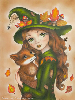 The Fey and the Fox - Grayscale coloring page version 5, printable adult coloring art by Julia Spiri