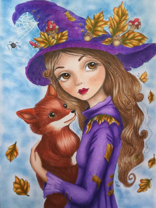 The Fey and the Fox - Grayscale coloring page version 6, printable adult coloring art by Julia Spiri