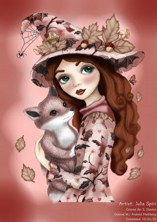 The Fey and the Fox - Grayscale coloring page version 7, printable adult coloring art by Julia Spiri