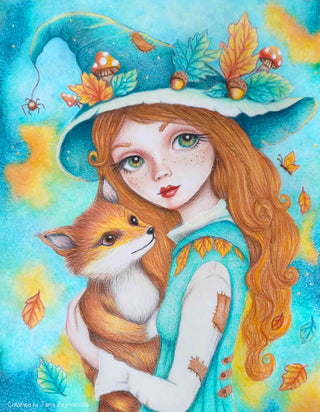 The Fey and the Fox - Grayscale coloring page version 8, printable adult coloring art by Julia Spiri