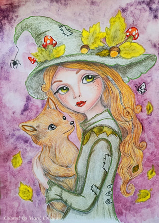 The Fey and the Fox - High-quality printable art, grayscale coloring page for relaxation