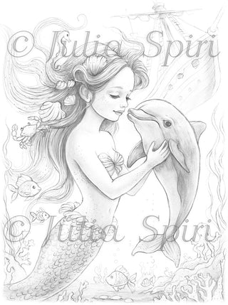 Grayscale Coloring Page, Mermaid Playing with Sea Creatures. The Mermaid’s Dolphin