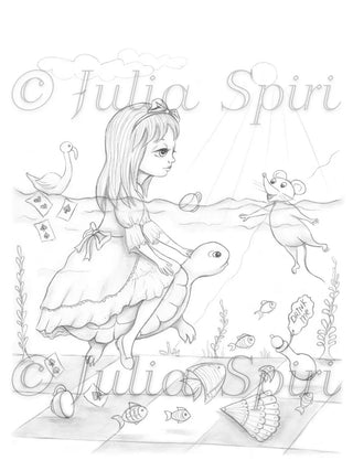 The Pool of Tears - Printable grayscale coloring page for adults by Julia Spiri, instant download